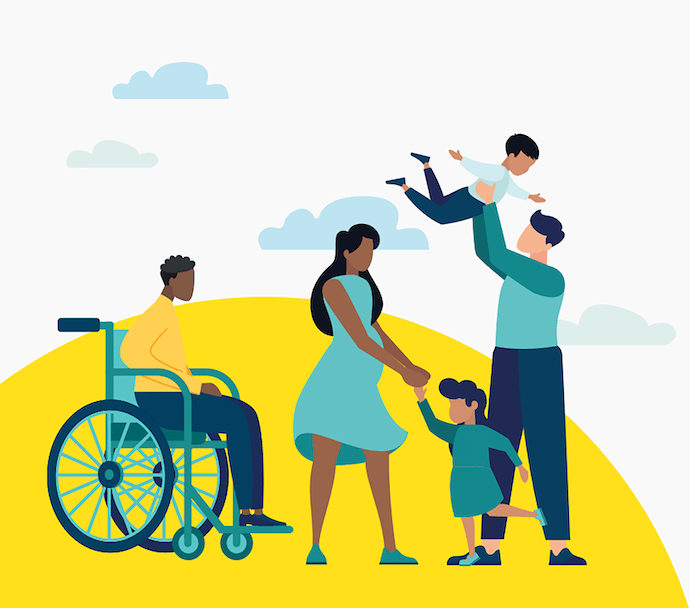 A stylistic illustration showing a disabled person enjoying the outdoors with his parents and two siblings.