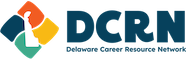 Stylized Delaware outline in white over a four-color square, with text: D.C.R.N. Delaware Career Resource Network