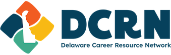 Stylized Delaware outline in white over a four-color square, with text: D.C.R.N. Delaware Career Resource Network