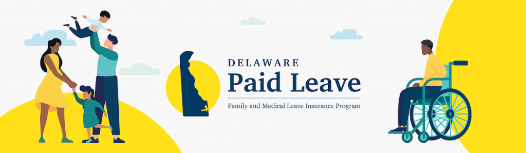 A stylistic illustration showing a person a wheel chair on the right, enjoying the outdoors, facing his parents and two siblings on the left. In the center, is text that reads: Delaware Paid Leave. Family and Medical Leave Insurance Program