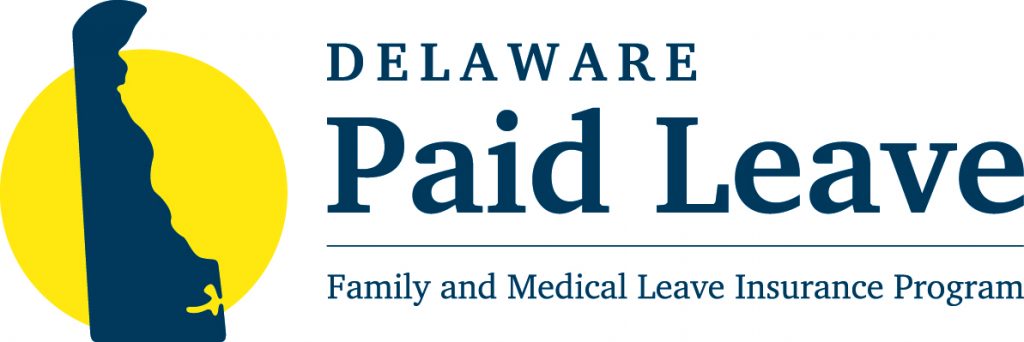 A rectangular Delaware Paid Leave logo. The left third is a silhouette of the state of Delaware on a yellow sun. The right two-thirds are the words Delaware Paid Leave above the words "Family and Medical Leave Insurance Program."