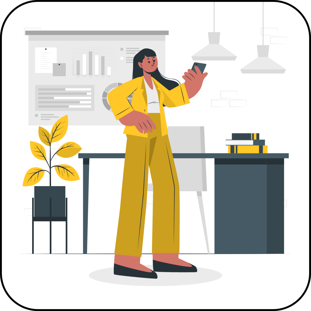 An image of a cartoon woman, standing in front of a desk, a plant, and a presentation. She is holding a cell phone.