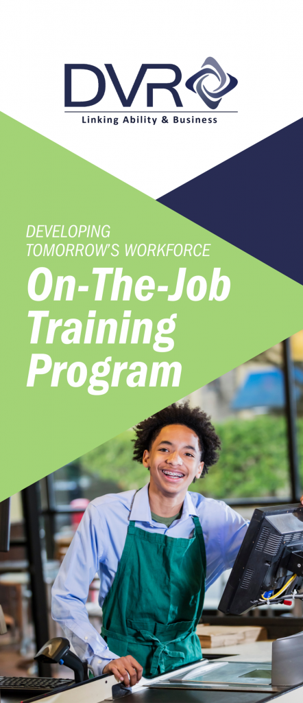 Photo of a teenager/ young adult working as a cashier with the words "On-The-Job Training Program" on the front with the tagline, "developing tomorrow's workforce".