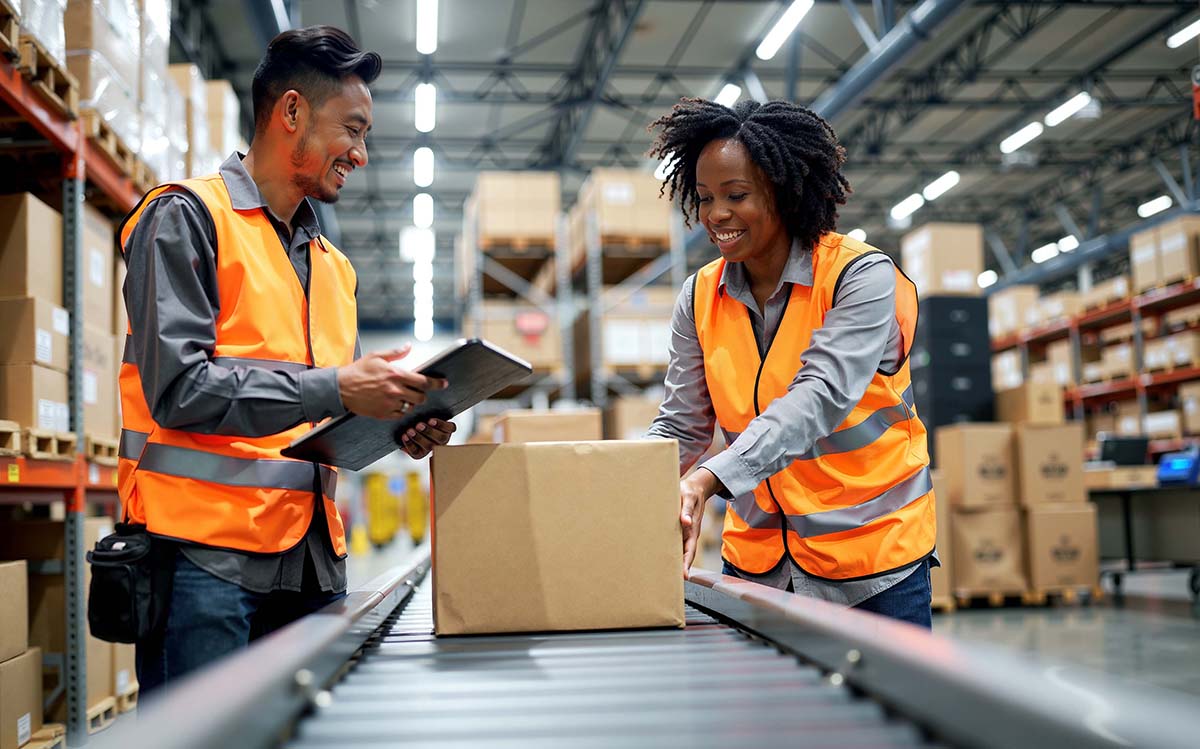 Efficient logistics and supply chain management with teamwork in modern distribution center.