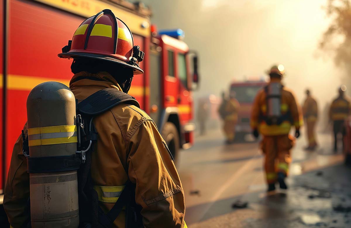 Firefighter in full gear stands near fire truck at emergency scene. Firemen in background. Smoke, fire, danger.