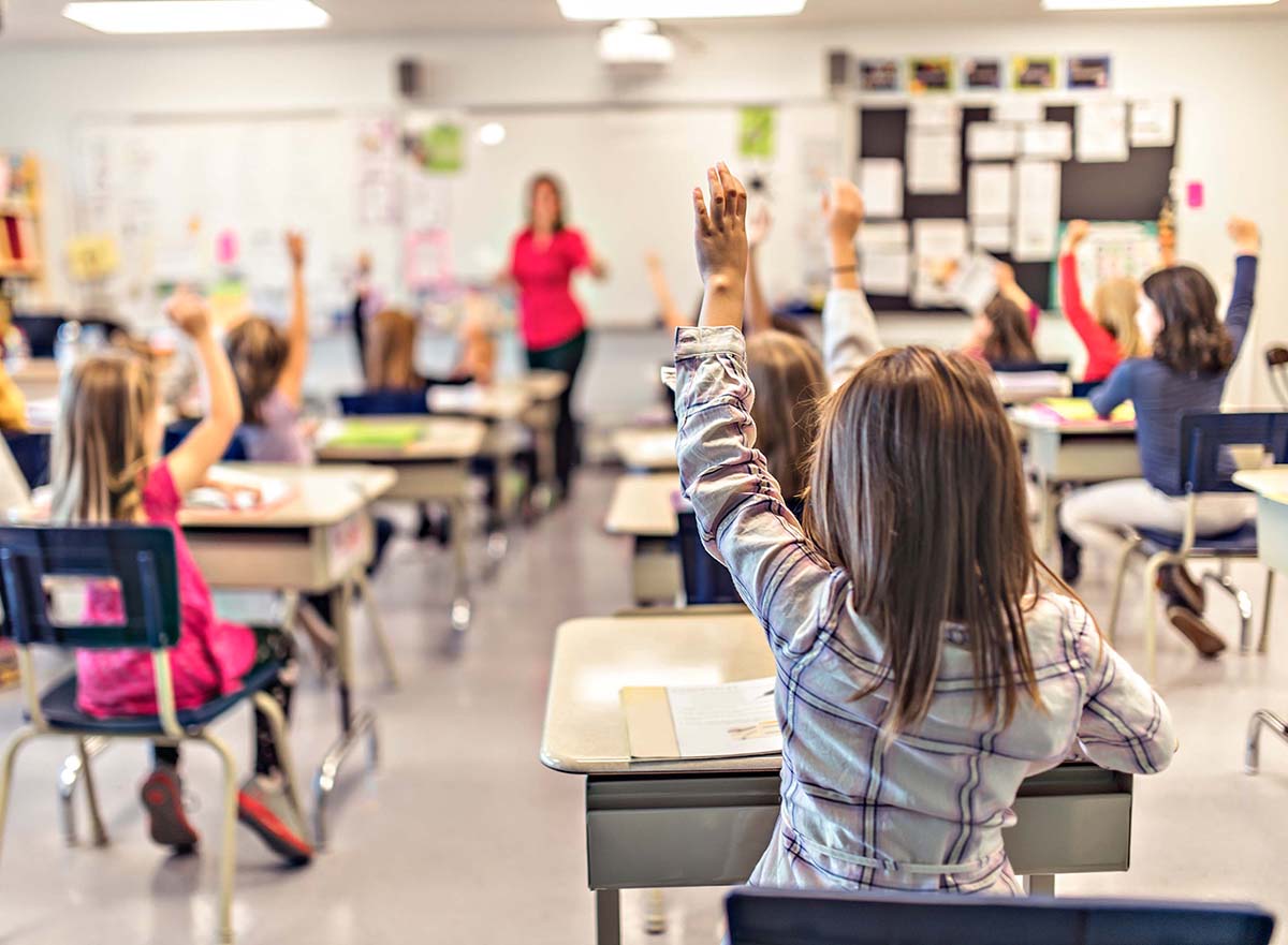 A education and school concept little student girl studying at school.