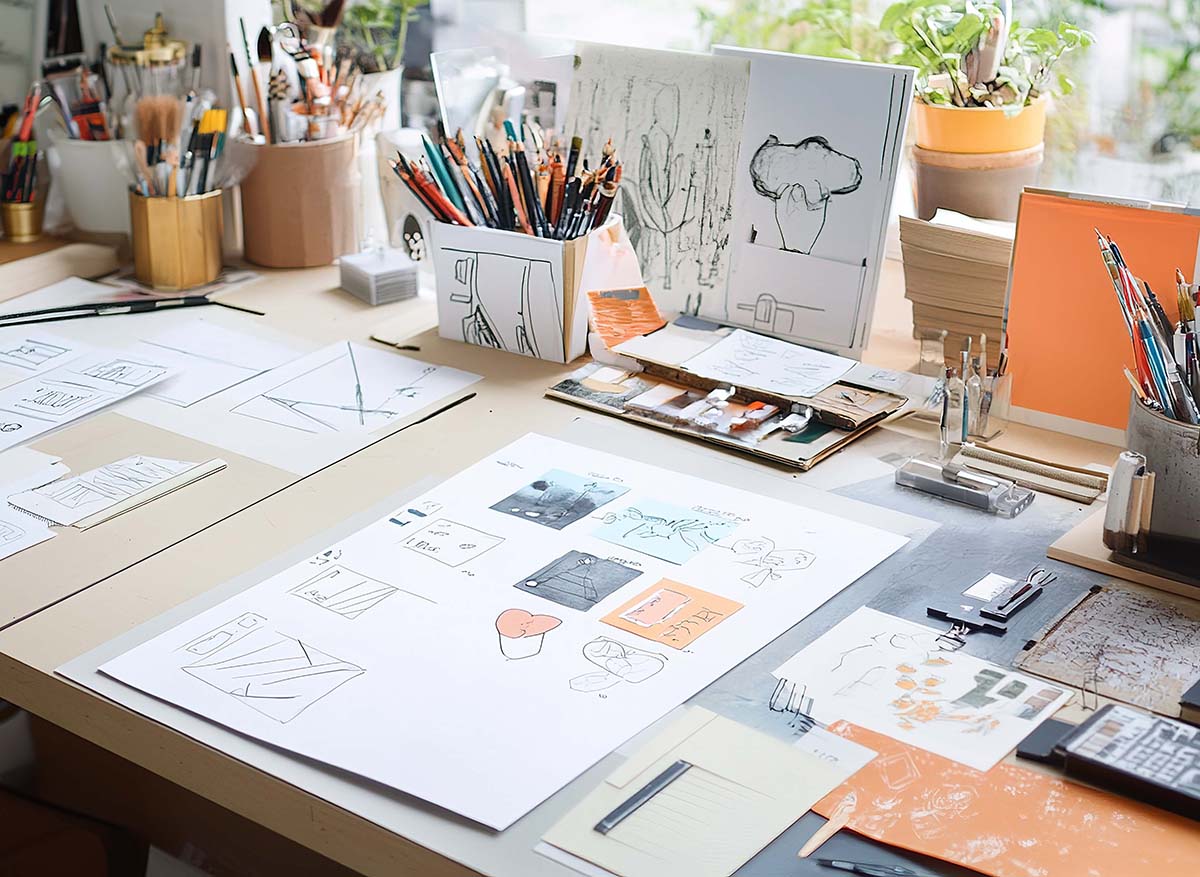 A branding design process, featuring sketches, digital designs, and mood boards on a creative workspace.