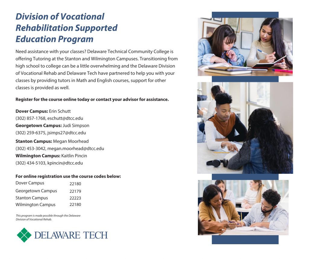 Four students are seated at desks in pairs, studying and discussing assignments, while one instructor assists a student in a classroom setting. Text provides contact information for DVR's Supported Education program.