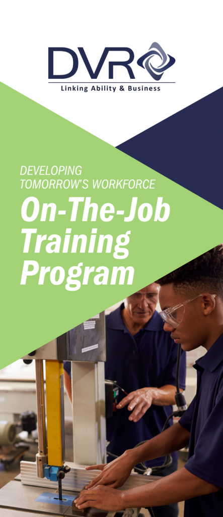 White, green and blue triangles with image a person being mentored on the job.