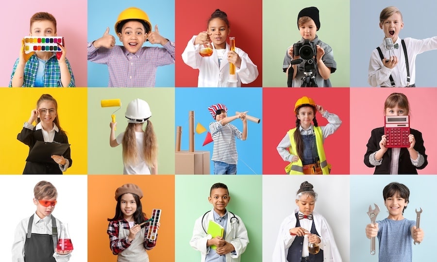A collage of children in front of colorful backdrops, dressed in costumes depicting different professions such as a singer, photographer, and a scientist.
