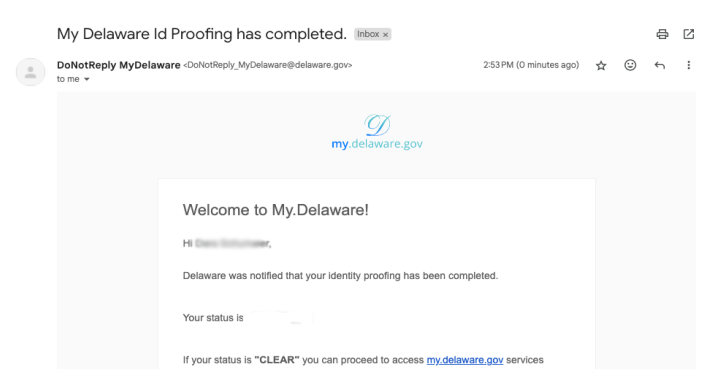A confirmation email from my.delaware.gov indicating that the identity proofing process is complete. 