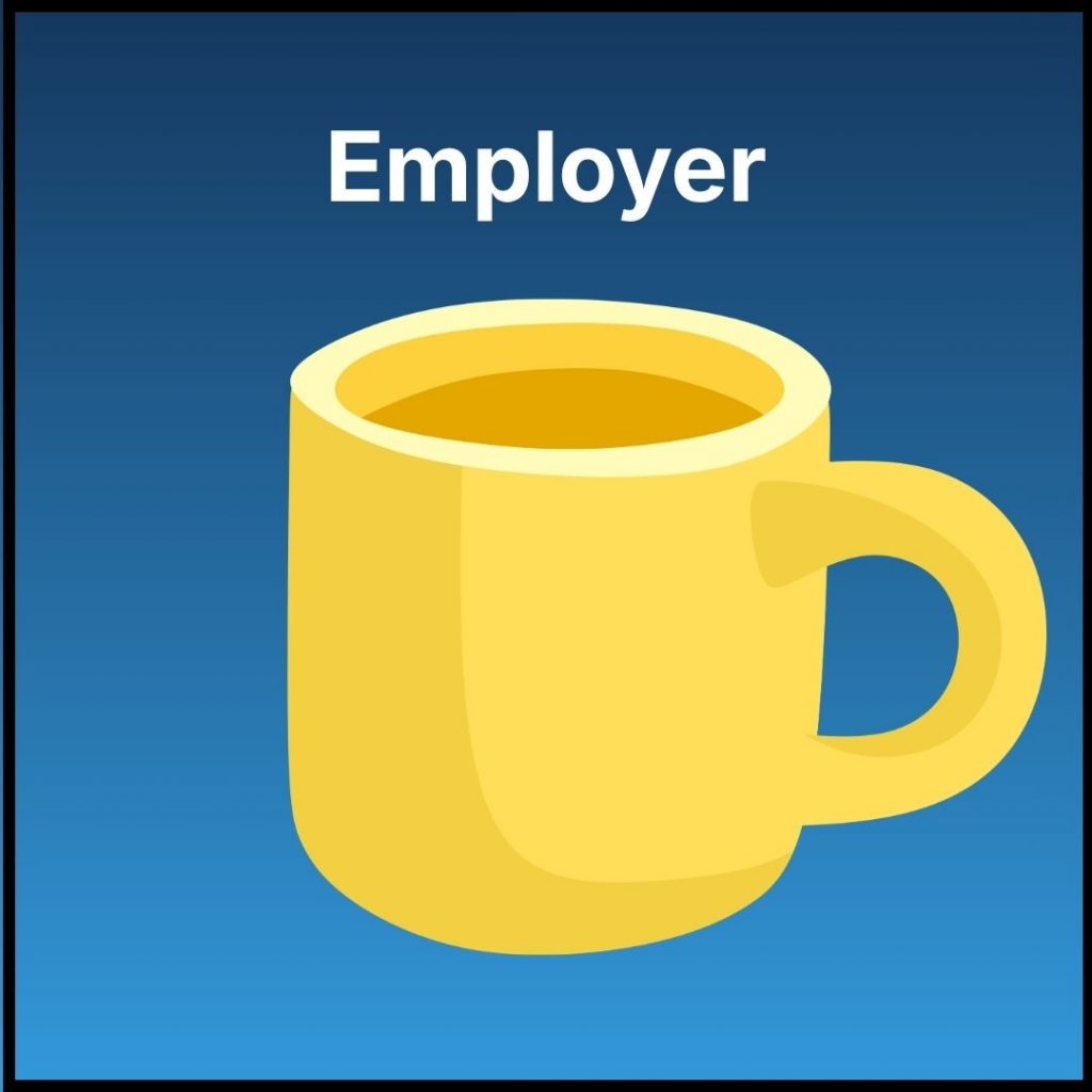 A square icon labeled "Employer", a graphic yellow mug is beneath the text.