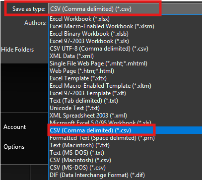 Shows "save as type" dropdown with CSV (Comma delimited) (*.csv) highlighted