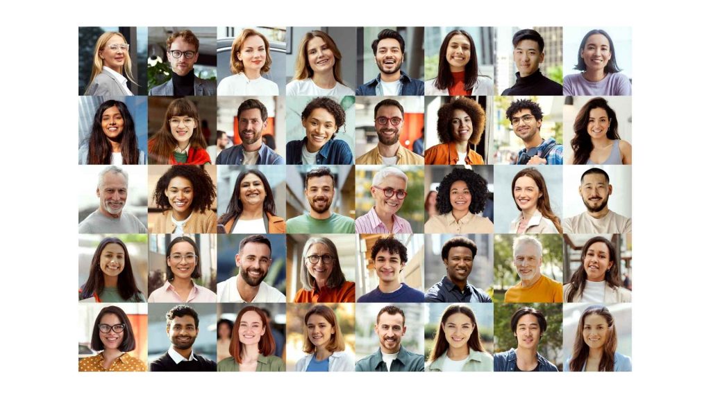 A collage of different people from various races and ethnicities all smiling.