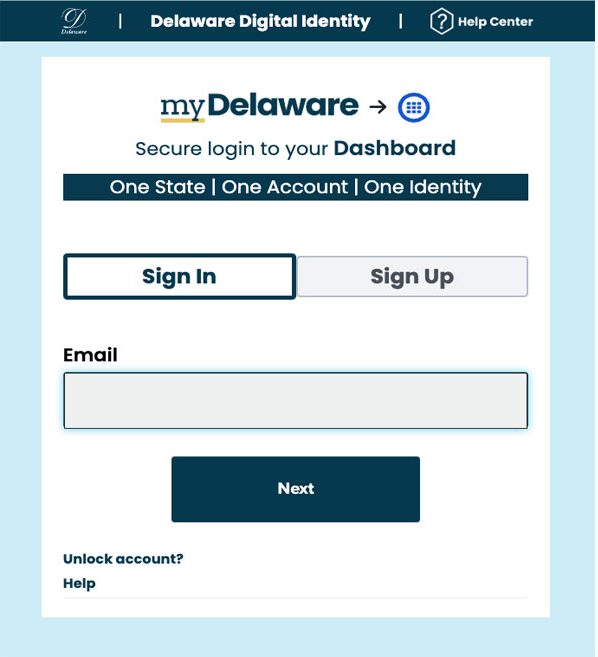 MyDelaware sign-up screen.