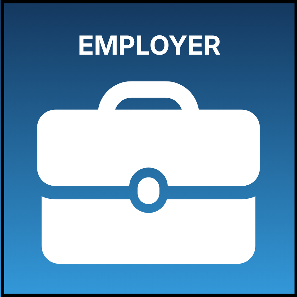 A gradient blue square with a white briefcase icon and the text "Employer" in all caps.