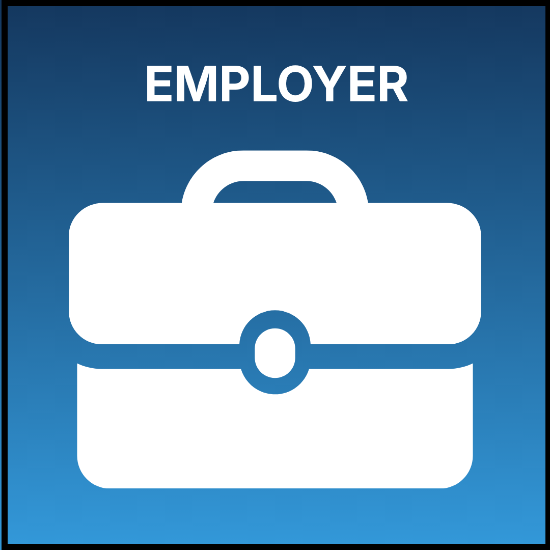 A gradient blue square with a white briefcase icon and the text "Employer" in all caps.