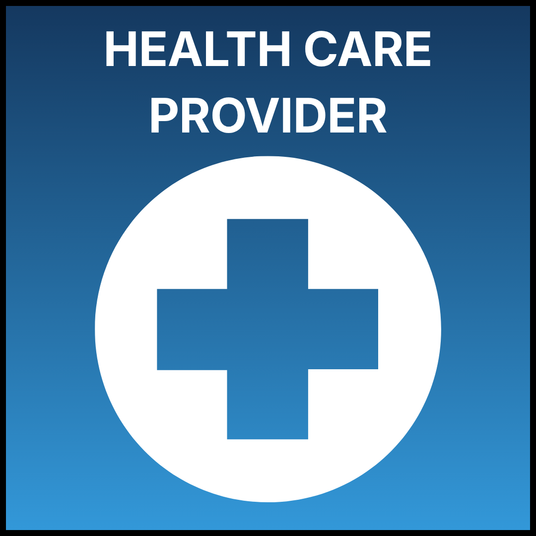 A gradient blue square with a white medical icon and the text "Health Care Provider" in all caps.