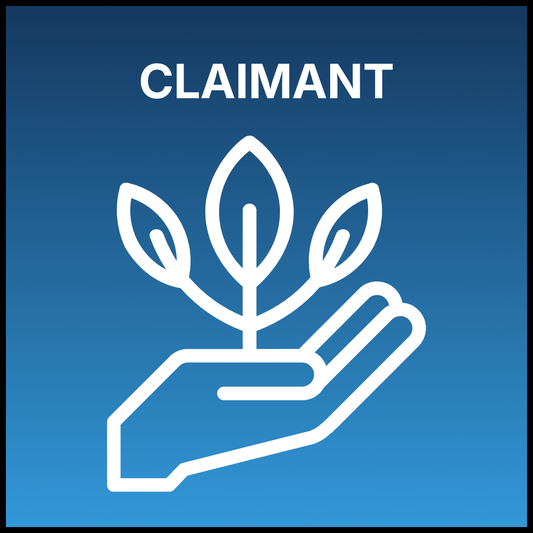 A gradient blue square with a white hand holding a plant icon and the text "Claimant" in all caps.